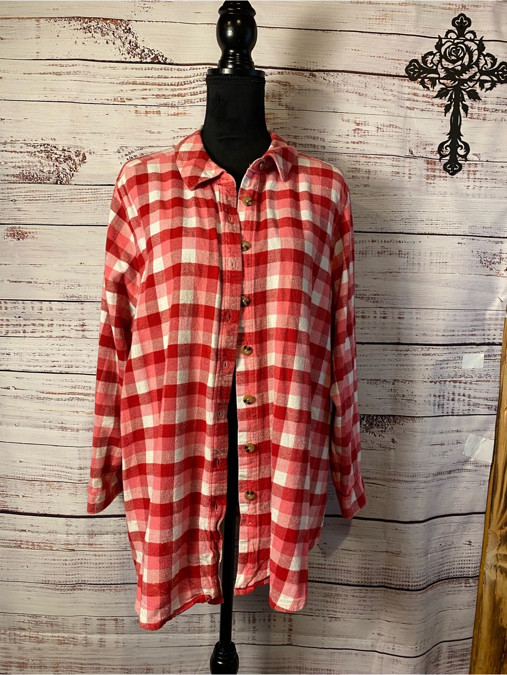 Woman Within Red and White Plaid Button-Up Shirt Sz-XL